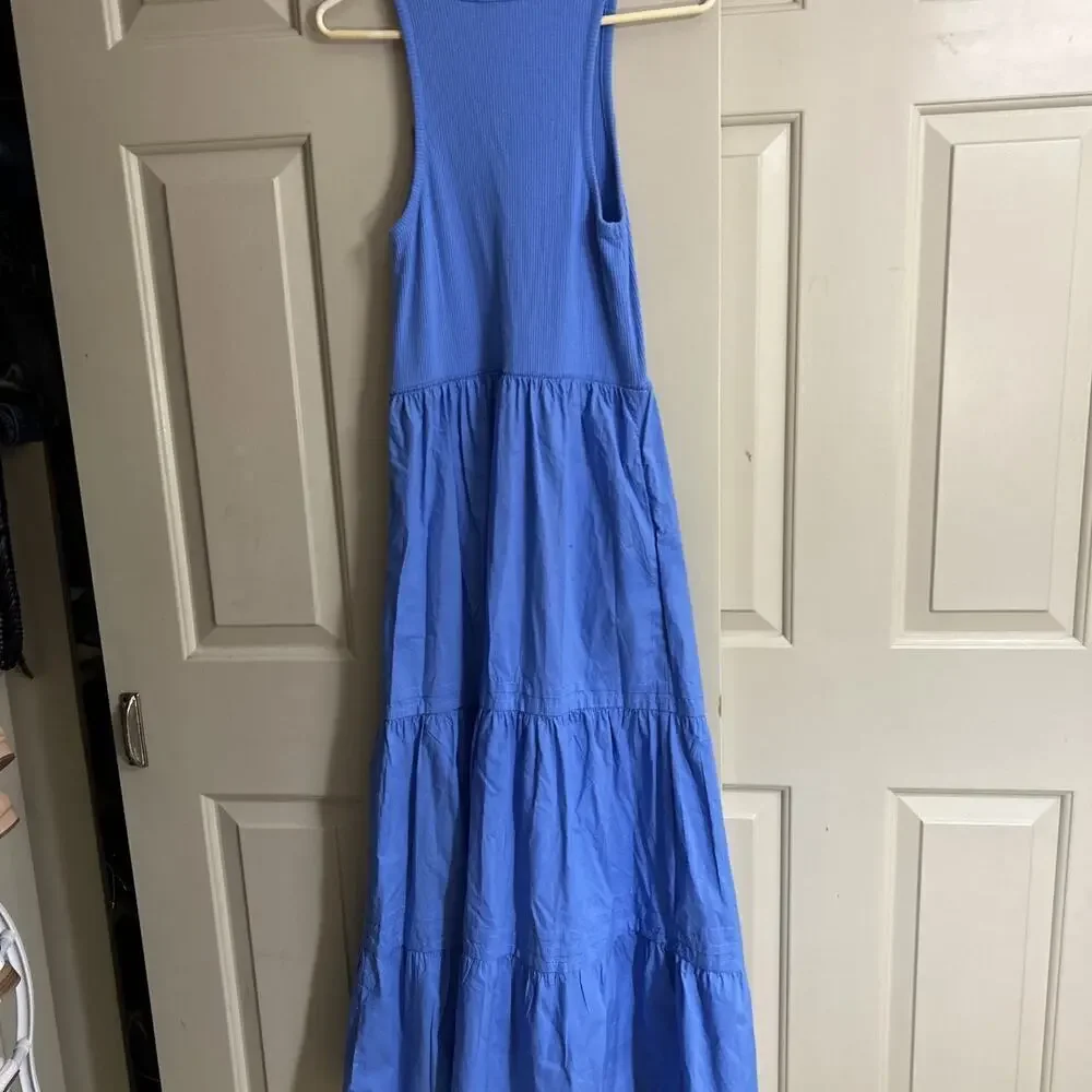 J Crew Vintage Rib High-Neck Cutaway Tank Dress with Poplin Skirt Blue Sz S